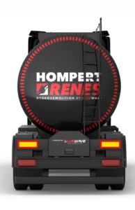 Back view of a large industrial vacuum tank trailer with a red dotted circle and ladder, advertising Homper Rentals for hydrodemolition by Blue Wave, powered by Blue Wave.
